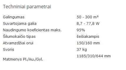 Renovent Sky 300 techniniai duomenys